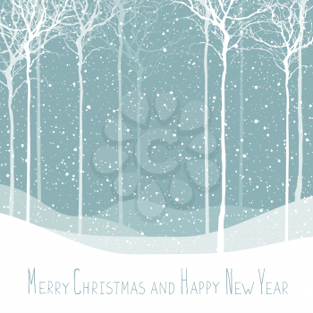 Merry Christmas postcard. Calm winter scene. Vector background with white tree silhouettes under snowfall. Calm winter forest. Snowfall