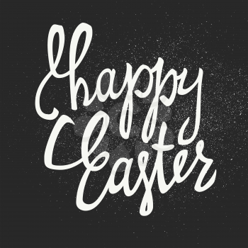 Happy Easter calligraphy with banny silhouette and texture effect. Holiday greetings logotype. Hand drawn vector lettering. White letters on black background. Banny ears and Easter greetings illustr