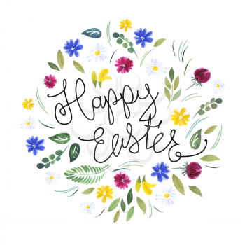 Happy Easter. Watercolor flowers and calligraphy vector greetings.