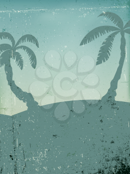 Vintage background with palms silhouettes in the blue shade. Grunge background for summer themes.