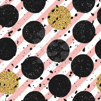 Chaotic black particles and regular big gold and black dots. Seamless textured pattern on white background.