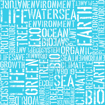 Earth day words theme seamless background. Blue colors. Pattern composed from words: Earth, Sea, Eco, Organic, Plant, etc...