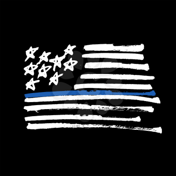 Hand drawn American flag Thin blue line monochrome Illustration. Painted by Brush. Isolated on black.