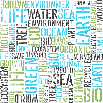 Earth day themed seamless background. Green and blue colors. Pattern composed from words Earth, Sea, Eco, Organic, Plant, etc...