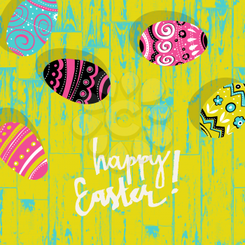 Easter eggs on wooden board. Happy Easter greetings calligraphy. Bright pop-art colors. 