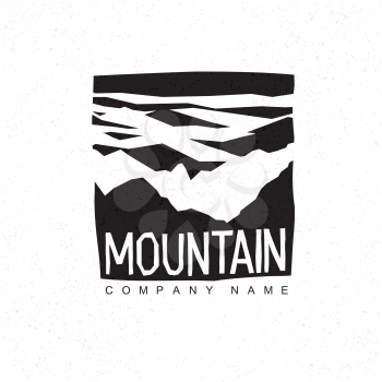 Mountains logo template with abstract peaks background. Mountain monochrome abstract background. Mountaineering and Traveling icon. 