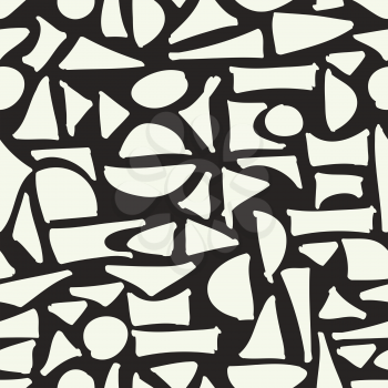 Seamless hand drawn geometric pattern. Abstract white figures on black background