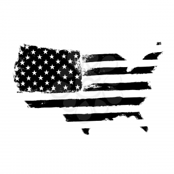 America map flag shaped. Territory of United States of America with flag. Shape of american map. Monochrome image, isolated on white. Vector illustration