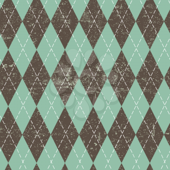 Argyle seamless aged pattern. Blue and brown rhombus, grungy texture. Grunge vintage seamless background. 