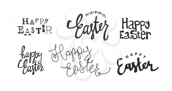 Happy Easter calligraphy logotypes. Holiday logos set. Holiday greetings logotype collection. Hand drawn vector lettering. On white background.