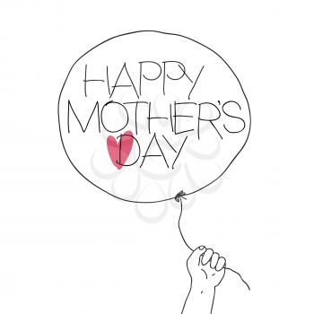 Child hold the thread of balloon with greeting text and heart sign. Vector illustration of outline sketch Mother's day with hand-drawn text and red heart on balloon. Abstract greeting card, isolated o