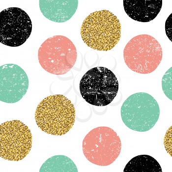gold, green and black dots. Seamless textured pattern on white background.