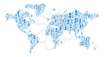 The map of the world made of plenty people silhouettes. Collection of different people portraits placed as world map shape. World map made out of large group of people silhouettes. Blue colors
