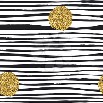 Golden, glitter dots. Grunge polka dots seamless pattern. Abstract vintage polka dot pattern. Black and gold background