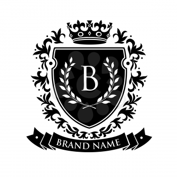 Heraldic emblem shield with crown and laurel wreath. Coat Arms Vintage Brand Crest Heraldic Emblem Shield. Vector illustration