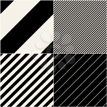 Four diagonal patterns collection. Diagonal lines seamless black and white pattern. Repeat straight monochrome stripes texture background. Geometric vector background. 