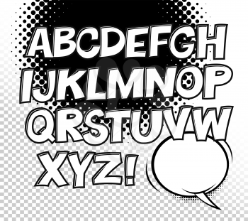 Comic black and white alphabet and speech bubble element. Halftone circle on transparent background. Vector set. Comic text. Vector bubble icon speech phrase. Comics book balloon. Halftone background.