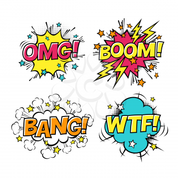 Comic speech bubbles set with different emotions and text BOOM, OMG, BANG, WTF. Vector cartoon illustrations isolated on white background. Halftones, stars and other elements in separated layers.
