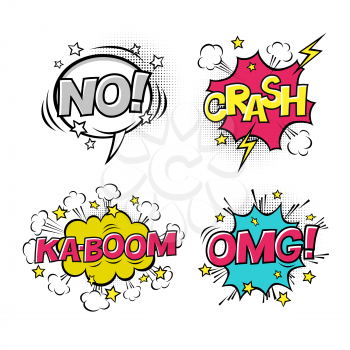 Comic speech bubbles set with different emotions and text KA-BOOM, OMG, NO, CRASH. Vector cartoon illustrations isolated on white background. Halftones, stars and other elements in separated layers.