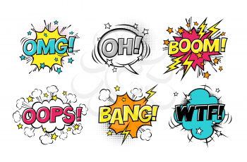 Comic speech bubbles set with different emotions and text BOOM, OMG, OH, BANG, OOPS, WTF. Vector cartoon illustrations isolated on white background. Halftones, stars and other elements in separated la