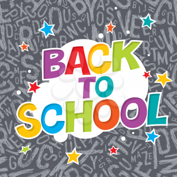 Back to school. Colorful poster with rays and stars. Comic alphabet. 