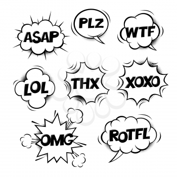 Most common used internet acronyms on comics style monochrome (black & white) speech bubbles.