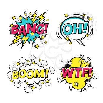 Comic speech bubbles set with different emotions and text BOOM, OH, BANG, WTF. Vector cartoon illustrations isolated on white background. Halftones, stars and other elements in separated layers.