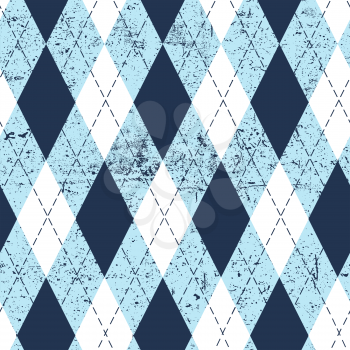 Seamless argyle aged pattern. Traditional diamond check print in moderate blue, soft blue and white with black stitch and grunge texture. Grunge vintage seamless background. 