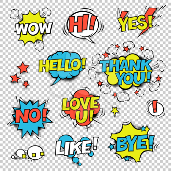 HI, YES, THANK YOU, HELLO, WOW, LOVE U, NO, ..., LIKE, BYE, !. Comic speech bubbles set. Halftones, stars and other elements in separated layers. Colorful design on transparent background.