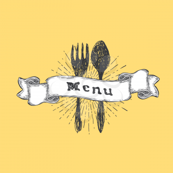 Fork and spoon. Restaurant menu template. Vintage hand-drawn text on ribbon. 