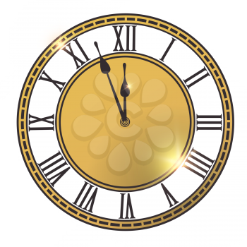 Classical clock dial with two arrows in separate layers. Isolated on white, design template element. Golden light effect, vector illustration.