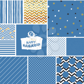 Hanukkah seamless patterns collection. Blue backgrounds with polka dots, lines, zigzag, chevron and golden stars (magen david). Happy Hanukkah typography on gift box silhouette, symbolic menora image.