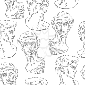 Classical man head bust of David. Seamless pattern. Vector vintage themed background.