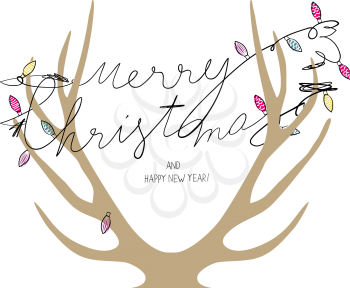 Hand drawn illustratrion of tangled christmas garlands on deer horns. Merry Christmas typography. 