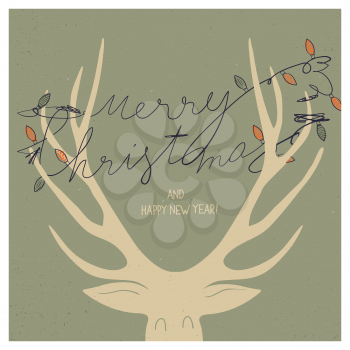 Retro hand drawn illustratrion of tangled christmas garlands on deer horns. Merry Christmas typography. 