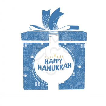 Hanukkah greeting card template with a group of a gift box with blue ribbon. Gift boxes shaped as big gift. Menorah symbol composed by typography Happy Hanukkah!