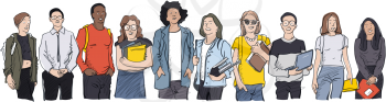 Young students of different nations. Happy students with backpacks and books. Happy multicultural teenagers in youth lifestyle clothes.  Vector illustration on white background, isolated.