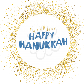 Happy Hanukkah greetings. Blue typography on white circle with golden particles. Menorah symbol with golden lights. White background.