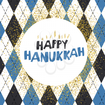 Happy Hanukkah greetings. Blue typography on white circle with golden particles. Menorah symbol with golden lights. Blue background with argyle pattern.