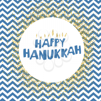 Happy Hanukkah greetings. Blue typography on white circle with golden particles. Menorah symbol with golden lights. Blue background with chevron pattern.