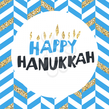 Happy Hanukkah greetings. Blue typography on white circle with golden particles. Menorah symbol with golden lights. Blue background with chevron pattern.
