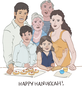 Jewish happy family celebrating Hanukkah. Preparing oil-fried foods for Hanukkah Holiday.  Festive family dinner. Seniors, parents and children.
