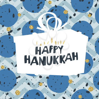 Seamless blue pattern with gift box silhouette and happy hanukkah typography. 