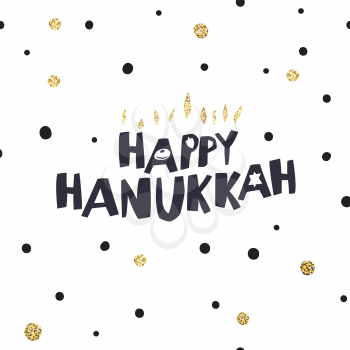 Happy Hanukkah greetings. Typography with golden particles. Menorah symbol with golden lights. Golden dots background.