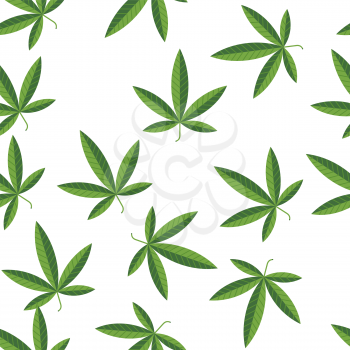 Seamless hemp leaves pattern. Flat style. Green leaves on black background.