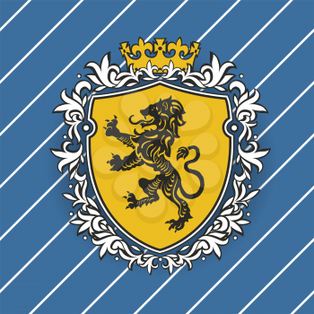 Coat of arms with heraldic lion silhouette on shield with crown and floral frame. On blue diagonal lines seamless pattern background.