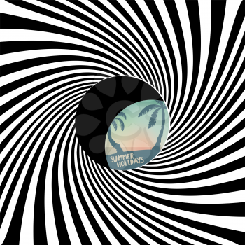 The black and white stripes twisting into the tunnel form and hole through which a sunny beach is visible. Tourism concept, vector illustration.