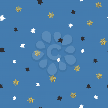 Hanukkah seamless pattern. Blue background with white, black and golden stars (magen david). 