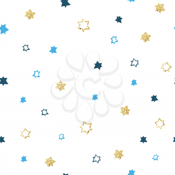 Hanukkah seamless pattern. Blue background with white, black and golden stars (magen david). 