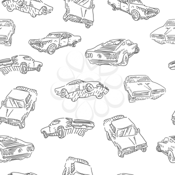 Monochrome muscle car seamless pattern. Jumping rally car, oldschool cars print. Vector illustration.